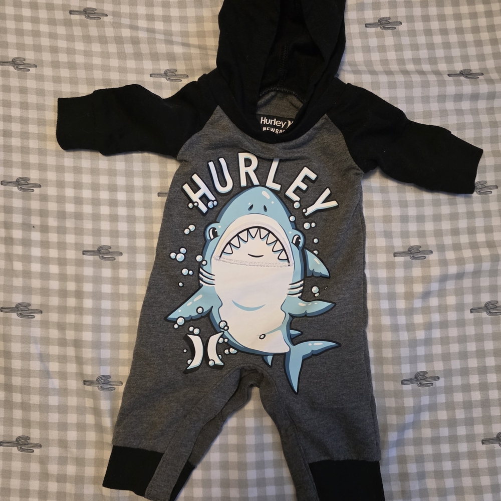 Hurley Gray & Black Shark Hooded One-Piece Bodysuit